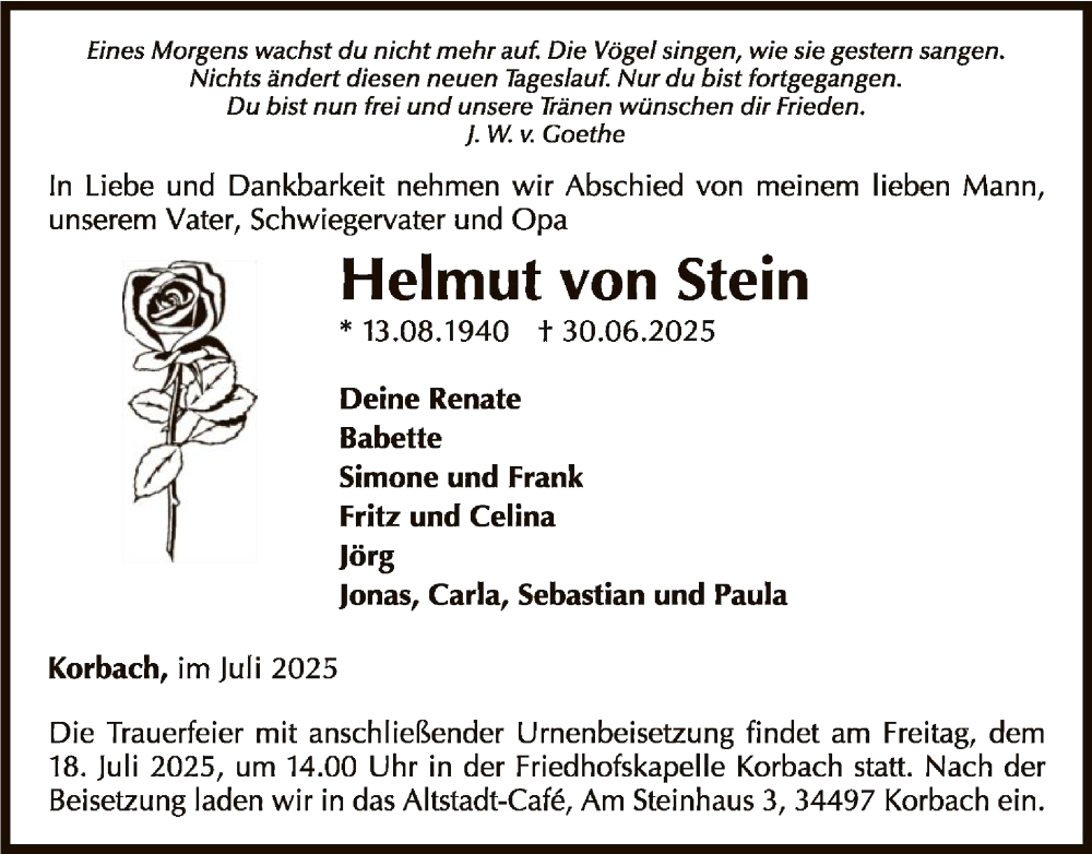  Traueranzeige für Helmut von Stein vom 12.07.2025 aus WLZ