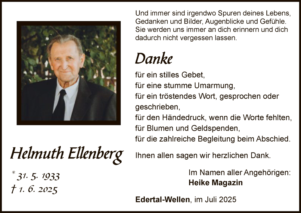  Traueranzeige für Helmuth Ellenberg vom 26.07.2025 aus WLZ