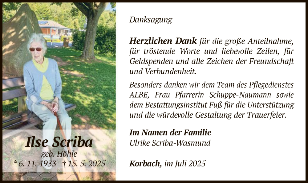  Traueranzeige für Ilse Scriba vom 05.07.2025 aus WLZ