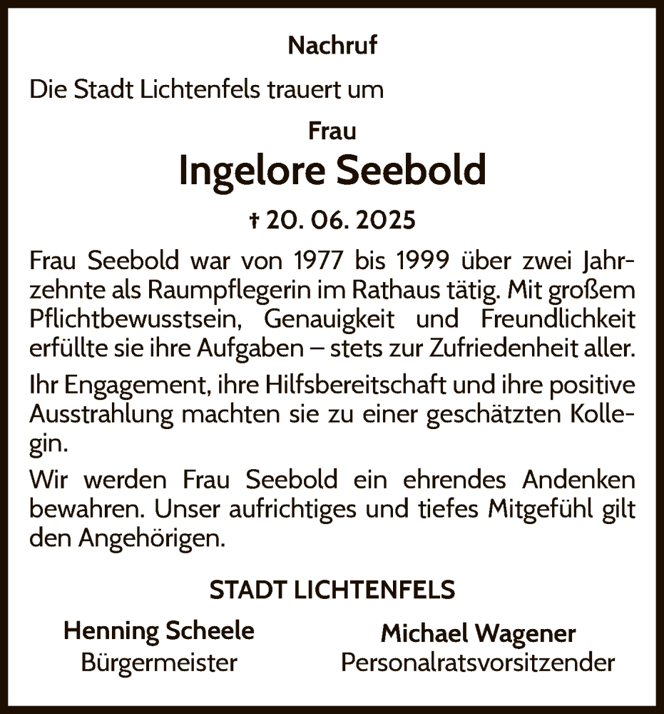  Traueranzeige für Ingelore Seebold vom 02.07.2025 aus WLZ