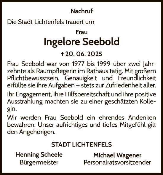 Traueranzeige von Ingelore Seebold von WLZ
