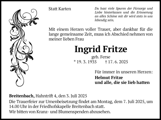 Traueranzeige von Ingrid Fritze von WLZ