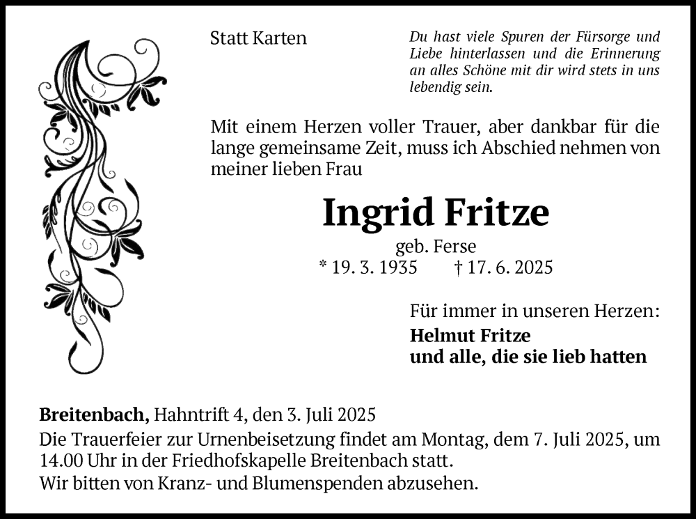  Traueranzeige für Ingrid Fritze vom 03.07.2025 aus WLZ