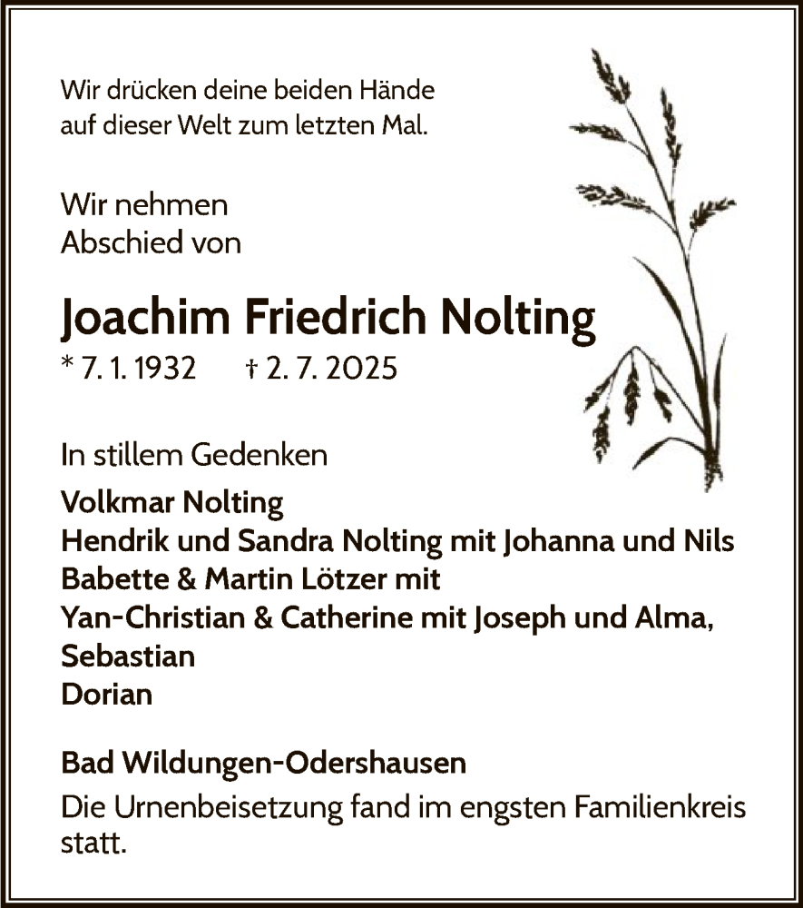  Traueranzeige für Joachim Friedrich Nolting vom 12.07.2025 aus WLZ
