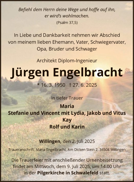 Traueranzeige von Jürgen Engelbracht von WLZ