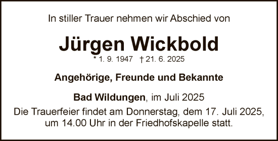 Traueranzeige von Jürgen Wickbold von WLZ