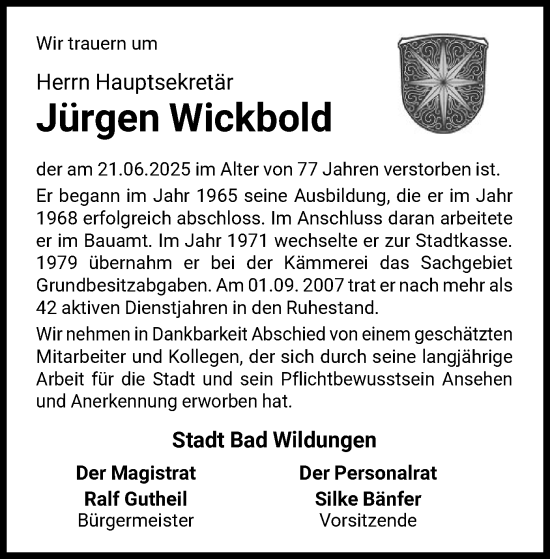 Traueranzeige von Jürgen Wickbold von WLZ