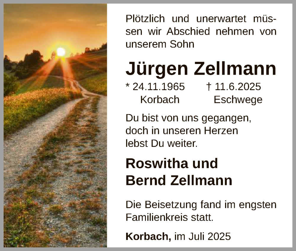  Traueranzeige für Jürgen Zellmann vom 12.07.2025 aus WLZ