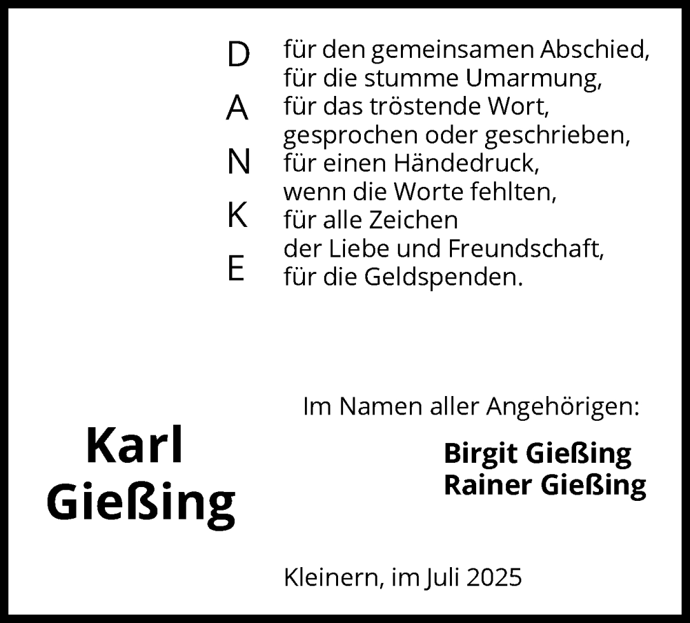  Traueranzeige für Karl Gießing vom 12.07.2025 aus WLZ