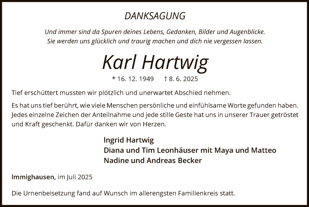  Traueranzeige für Karl Hartwig vom 19.07.2025 aus WLZ