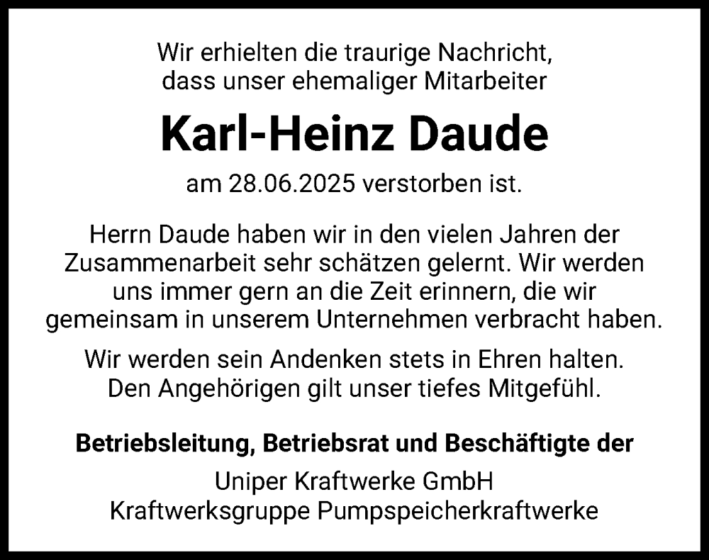  Traueranzeige für Karl-Heinz Daude vom 12.07.2025 aus WLZ