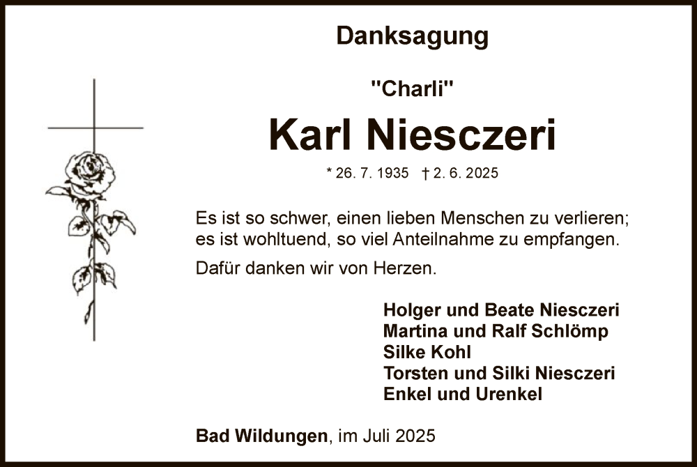  Traueranzeige für Karl Niesczeri vom 05.07.2025 aus WLZ