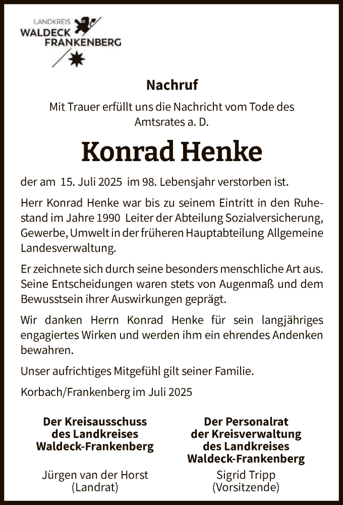  Traueranzeige für Konrad Henke vom 29.07.2025 aus WLZ