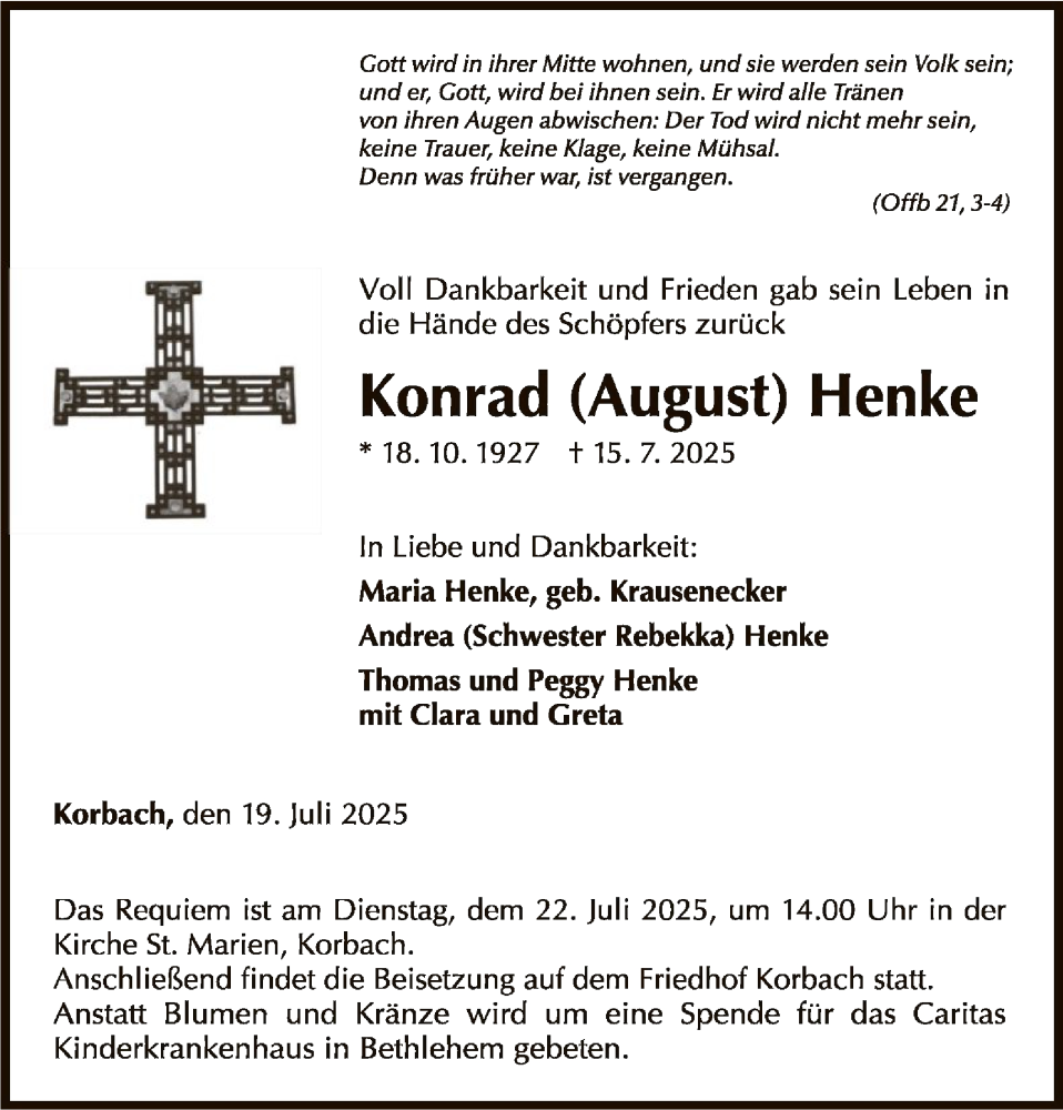  Traueranzeige für Konrad Henke vom 19.07.2025 aus WLZ