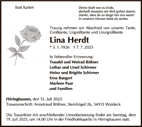 Traueranzeige von Lina Herdt von WLZ