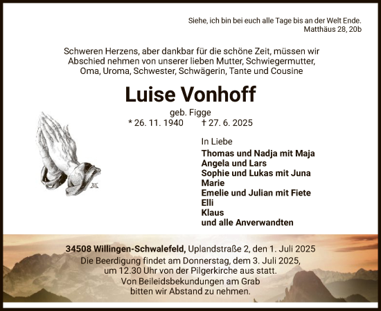 Traueranzeige von Luise Vonhoff von WLZ