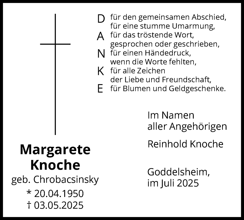  Traueranzeige für Margarete Knoche vom 19.07.2025 aus WLZ