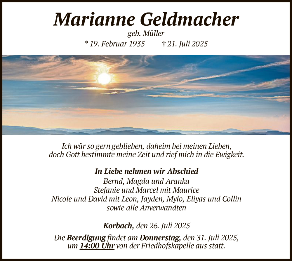  Traueranzeige für Marianne Geldmacher vom 26.07.2025 aus WLZ