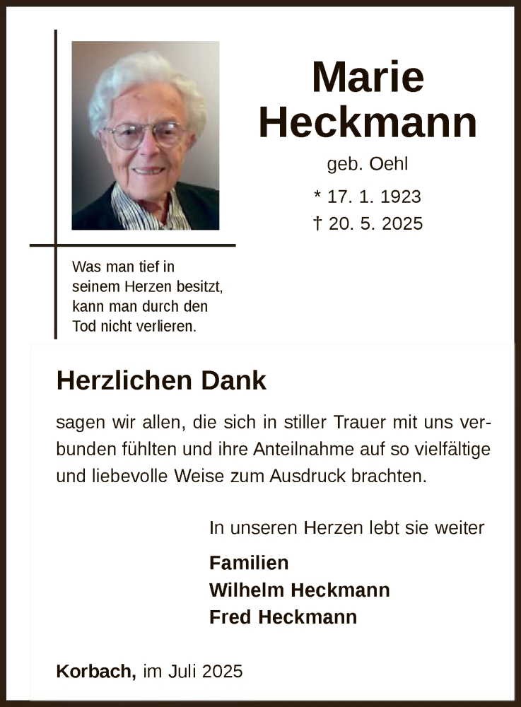  Traueranzeige für Marie Heckmann vom 05.07.2025 aus WLZ