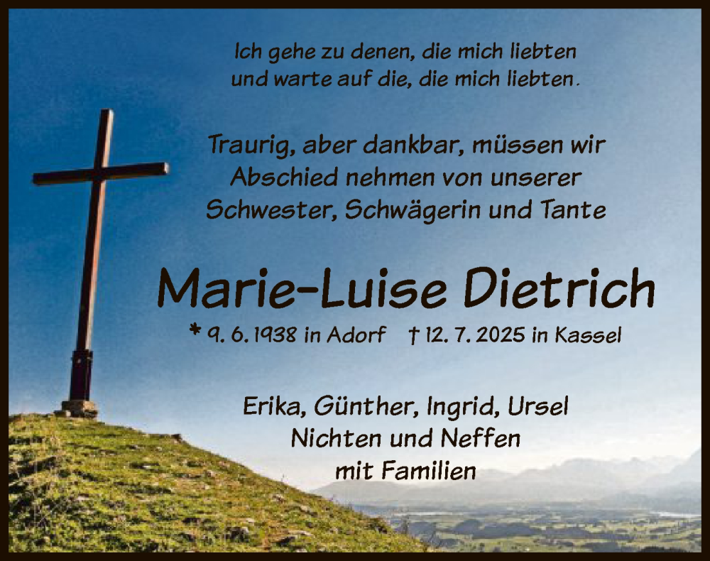  Traueranzeige für Marie-Luise Dietrich vom 26.07.2025 aus WLZ