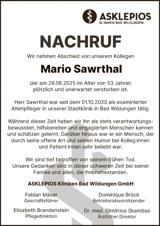 Traueranzeige von Mario Sawrthal von WLZ