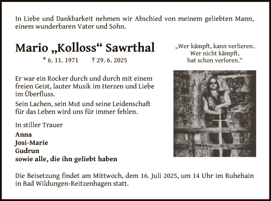 Traueranzeige von Mario Sawrthal von WLZ