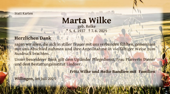 Traueranzeige von Marta Wilke von WLZ