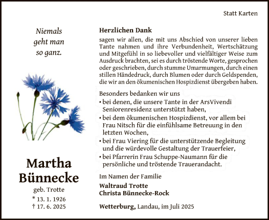 Traueranzeige von Martha Bünnecke von WLZ