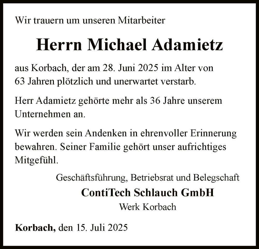  Traueranzeige für Michael Adamietz vom 15.07.2025 aus WLZ