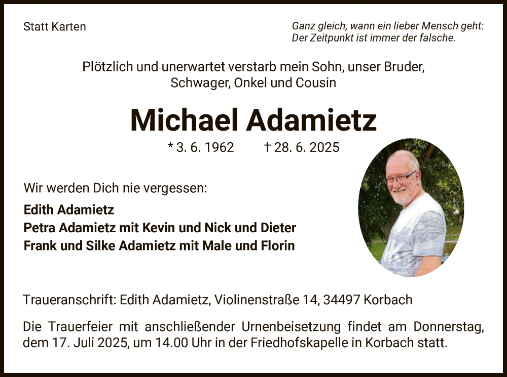  Traueranzeige für Michael Adamietz vom 12.07.2025 aus WLZ