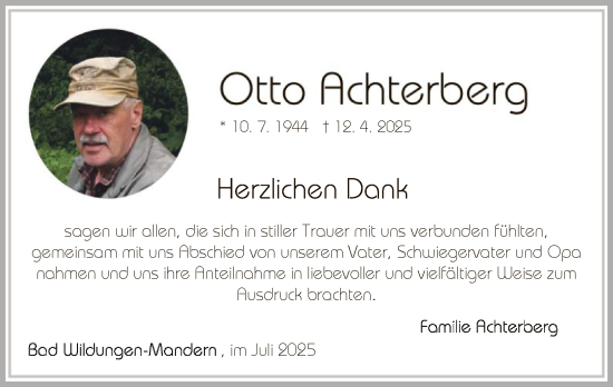Traueranzeige von Otto Achterberg von WLZ