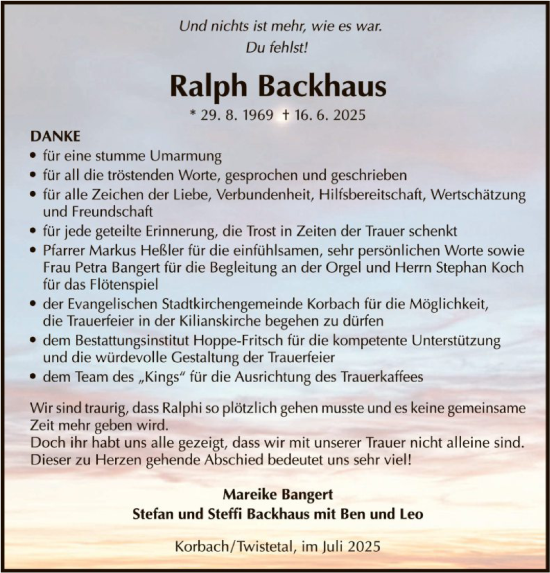 Traueranzeige von Ralph Backhaus von WLZ