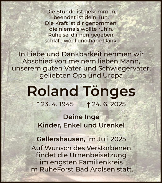 Traueranzeige von Roland Tönges von WLZ