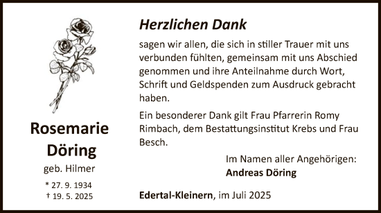 Traueranzeige von Rosemarie Döring von WLZ