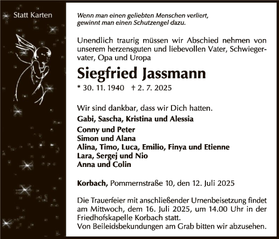 Traueranzeige von Siegfried Jassmann von WLZ