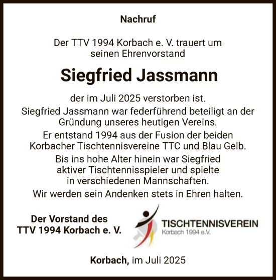 Traueranzeige von Siegfried Jassmann von WLZ