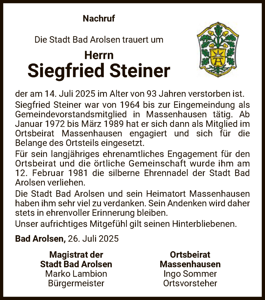  Traueranzeige für Siegfried Steiner vom 26.07.2025 aus WLZ