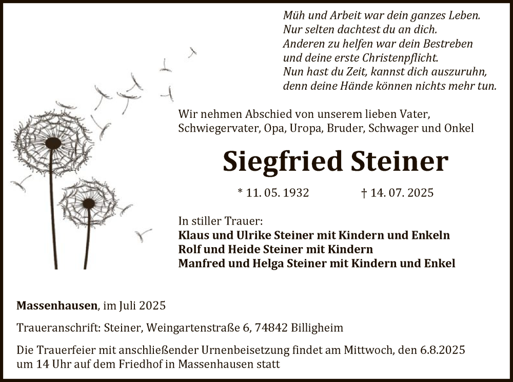  Traueranzeige für Siegfried Steiner vom 21.07.2025 aus WLZ