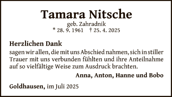 Traueranzeige von Tamara Nitsche von WLZ