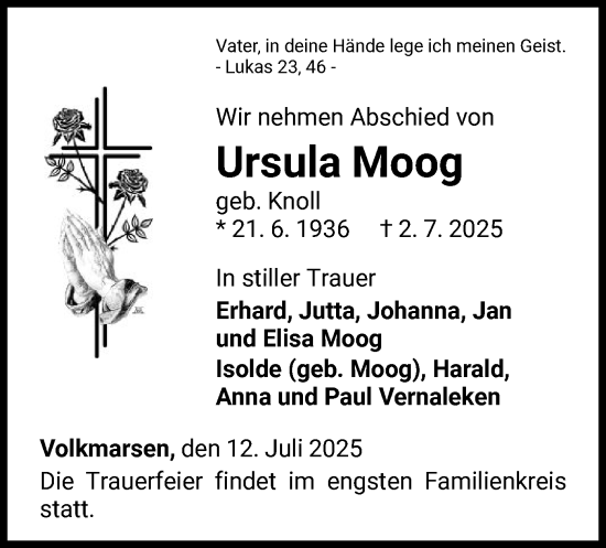 Traueranzeige von Ursula Moog von WLZ