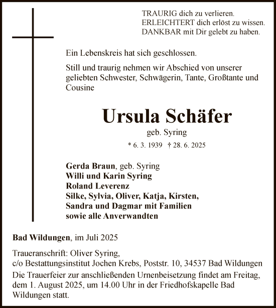 Traueranzeige von Ursula Schäfer von WLZ