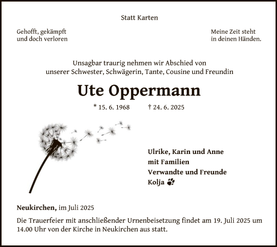 Traueranzeige von Ute Oppermann von WLZHNA