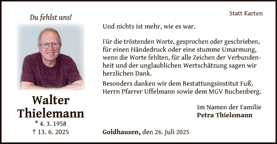 Traueranzeige von Walter Thielemann von WLZHNA