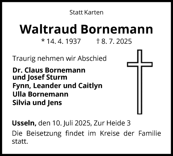 Traueranzeige von Waltraud Bornemann von WLZ