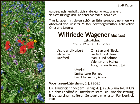 Traueranzeige von Wilfriede Wagener von WLZ