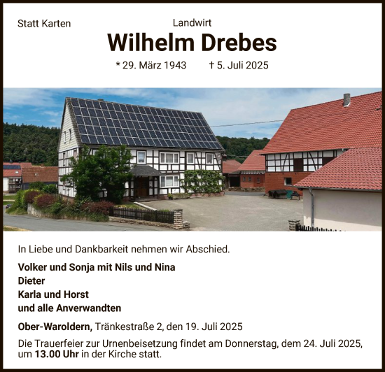 Traueranzeige von Wilhelm Drebes von WLZ