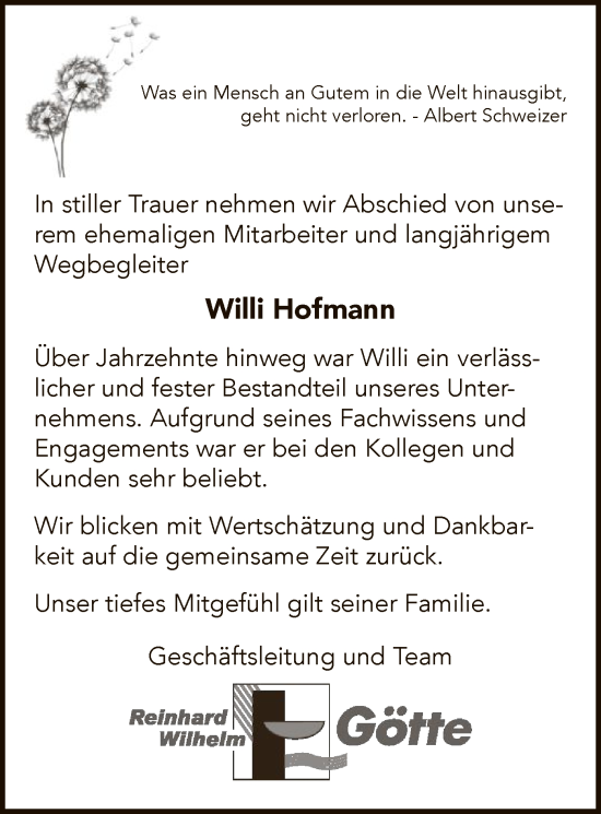Traueranzeige von Willi Hofmann von WLZ