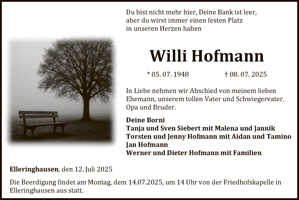  Traueranzeige für Willi Hofmann vom 12.07.2025 aus WLZ