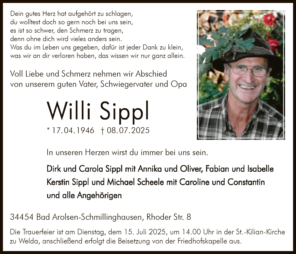  Traueranzeige für Willi Sippl vom 11.07.2025 aus WLZ
