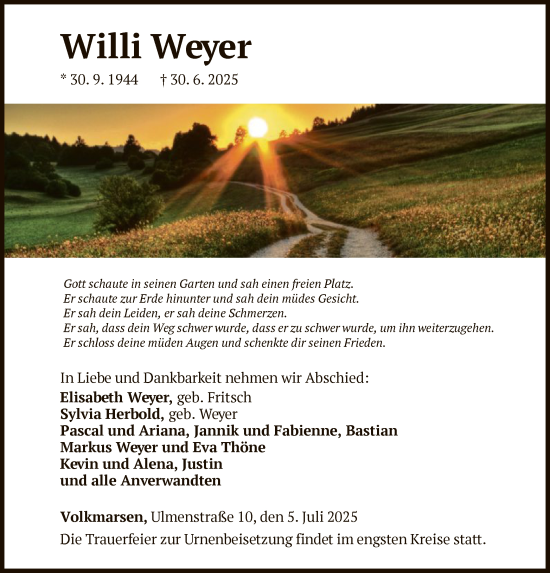 Traueranzeige von Willi Weyer von WLZ